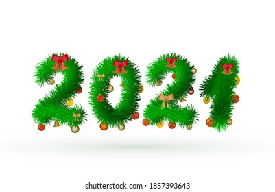 2021 numbers are made of fir branches with Christmas balls. Fur effect New Year eve sign. Holidays vector illustration. Easy to edit template for greeting card, postcard, banner, poster etc.