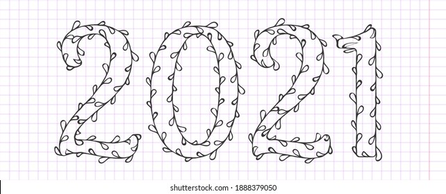 Números hechos con pincel de doodle vector 2021. Tinta de Año Nuevo dibujada a mano Número dos, uno y cero, figuras de esbozo
