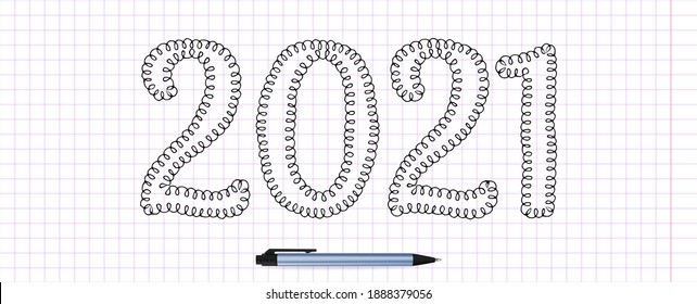 2021 Numbers Made with Vector Doodle Brushe. Hand Drawn New Year Ink Two, One and Zero Number, Sketch Figures