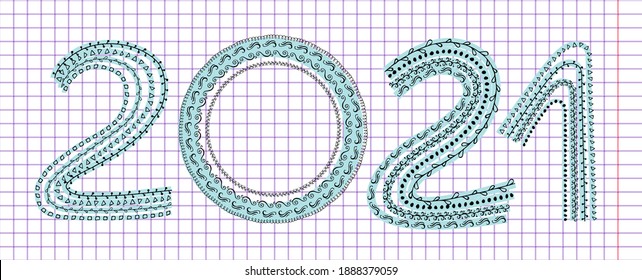 2021 Numbers Made with Vector Doodle Brushe. Hand Drawn New Year Ink Two, One and Zero Number, Sketch Figures