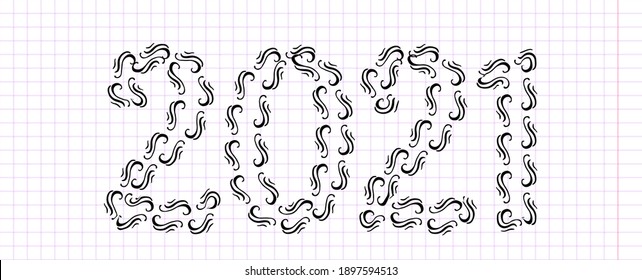 2021 Numbers Made with Vector Doodle Brushe. Hand Drawn New Year Ink Two, One and Zero Number, Sketch Figures