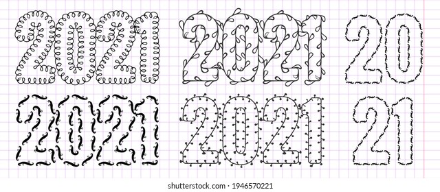 2021 Numbers Made with Vector Doodle Brushe. Hand Drawn New Year Ink Two, One and Zero Number, Sketch Figures