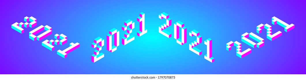 2021 numbers in modern 3d square isometric pixel colorful font, stock vector illustration clipart design element