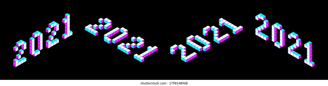 Números de 2021 en el moderno tipo de letra 3d cuadrado isométrico colorido píxel, ilustración vectorial de stock elemento de diseño clipart