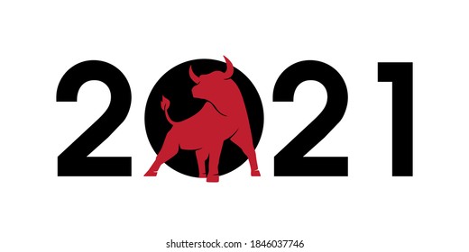 2021 numbers with a red bull silhouette, symbol of the year in the Chinese zodiac calendar. Vector illustration of a standing horned ox or an angus isolated on a white background