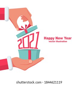 2021. Numbers red. Vector illustration flat design. Isolated on white background. Gift from Santa Claus. Santa Claus holding red gift box in hand, shows open gift. Merry Christmas.