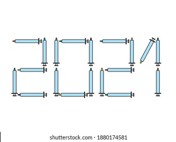 2021 Zahlen Form mit farbigen Impfstoffspritzen, koronfrei 2021