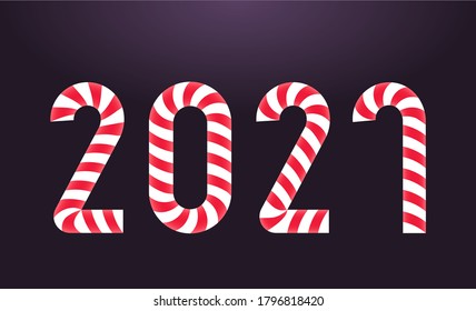 2021 numbers. Typography as candy canes. 2021 year as sweets. New year holiday poster. Vector illustration