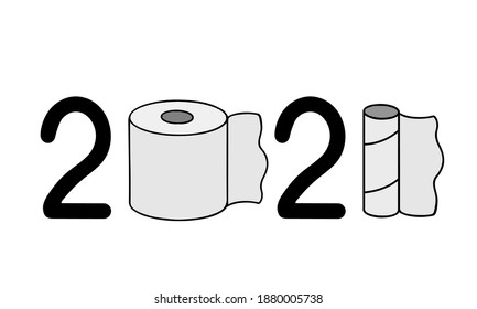 2021 numbers with used toilet paper roll. Coronavirus covid-19 pandemic. Funny New Year typography poster. Vector template for banner, sign, greeting card, invitation, etc. 