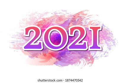 2021 numeral text. Bright gradient lettering on watercolor stain background. New Year and Christmas design for cards, banners, posters. Vector Illustration