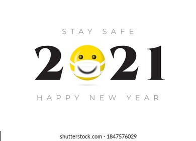 2021 Numerals Logo with Halftone Style Smiling Face Protected with Mask and Stay Safe Lettering Happy New Year Greeting Concept - Yellow on Black and White Background - Vector Mixed Graphic Design