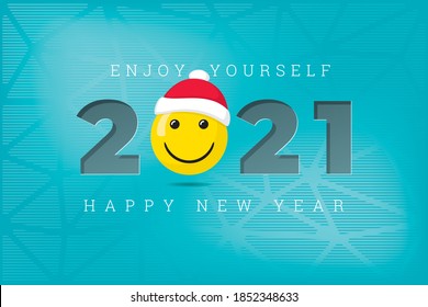 2021 Numerals Logo with Happy Smiling Face Wearing Santa Hat and Enjoy Yourself Lettering Happy New Year Greeting Concept - Yellow on Blue Background - Vector Mixed Graphic Design