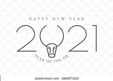 2021 Numerals Logo with Ox or Bull Head with Horns and Year of Ox Lettering Happy New Year Greeting Concept - Black on Traditional Asian Background - Vector Mixed Graphic Design