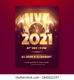 2021 NYE Party Flyer Or Invitation Card With Golden Clock And Fireworks Effect.