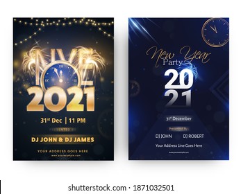 2021 NYE Party Flyer Or Template Design In Blue And Black Color Options.