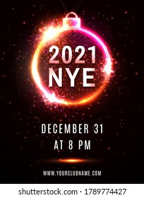 2021 NYE party New Year Eve neon poster template. Christmas tree ball circle frame text particles sparkles on red background. Light celebrating decoration invitation design. Bright vector illustration