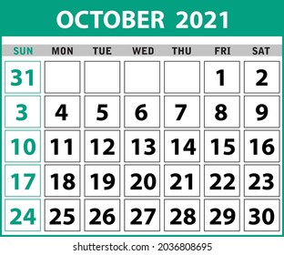 2021 October Calendar Layout template isolated in white background, Week starts Sunday. Pocket calendar year layout. Year organizer. Stationery template in minimal design. vector illustration
