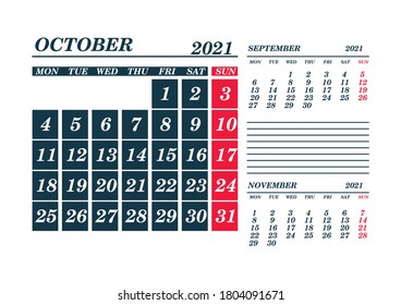 2021 Oktober Kalenderplaner. Vorlage. Geh nach oben. Vektorgrafik.