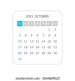 Plantilla del calendario 2021 de octubre. Gráficos planos de una sola página del concepto de calendario de pared aislados en fondo gris. La semana comienza el domingo. 