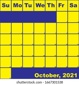 2021 October yellow on blue planner calendar with huge space for notes
