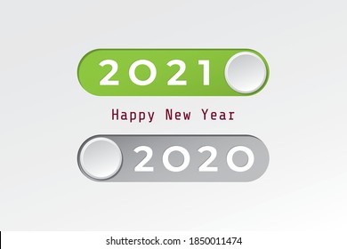 2021 On and 2020 Off Happy New Year Rectangle Toggle Switch Buton Style Numerals Logo and Traditional Greetings Lettering Concept - Multicolor on Light Background - Vector Mixed Graphic Design