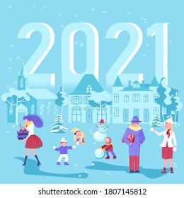 2021 sobre el paisaje panorámico de invierno en el parque de la ciudad con cubierta de nieve y gente caminando. Feliz Navidad o antecedentes de Año Nuevo. Ilustración de vectores de arte plano