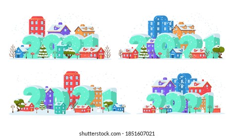 2021 on Panoramic winter landscape in city park with snow covering. Happy New Year 2021 with winter landscape in city on Christmas eve. Cityscape. Buildings. Vector illustration, eps 10.