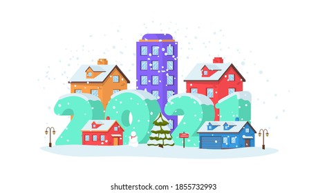 2021 on Panoramic winter landscape in city park with snow covering. Happy New Year 2021 with winter landscape in city on Christmas eve. Cityscape. Buildings. Vector illustration, eps 10.