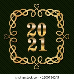 2021 in ornament gold frame on green background design, Welcome celebrate greeting card happy decorative and celebration theme Vector illustration