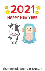 2021 Ox New Year's card with Japanese monster "Amabie" and cow illustration