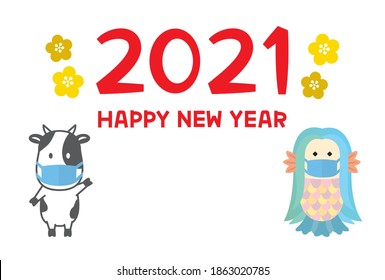 Tarjeta de Año Nuevo 2021 Ox con ilustración del monstruo japonés "Amabie" y vaca con máscara