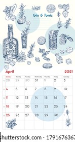 2021 Page of wall vintage calendar planner. April month. Week starts on Sunday. Alcohol bar theme. Gin tonic day cocktails Retro poster Place to write recipe Sketch engraving style vector illustration