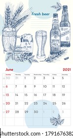 2021 Page of wall vintage calendar planner. June month. Week starts on Sunday. Alcohol bar theme. Fresh beer cocktails Retro poster Place to write recipe Sketch engraving style vector illustration