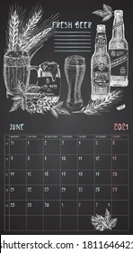 2021 Page of wall vintage calendar planner. June month. Week starts on Monday. Alcohol bar theme. Fresh beer cocktails Retro poster Place to write recipe Sketch engraving style vector illustration