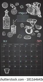 2021 Page of wall vintage calendar planner. July month. Week starts on Monday Alcohol bar theme. Organic tequila cocktails Retro poster Place to write recipe Sketch engraving style vector illustration