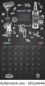 2021 Page of wall vintage calendar planner. March month. Week starts on Monday. Alcohol bar theme. Wiskey day cocktails Retro poster Place to write recipe Sketch engraving style vector illustration