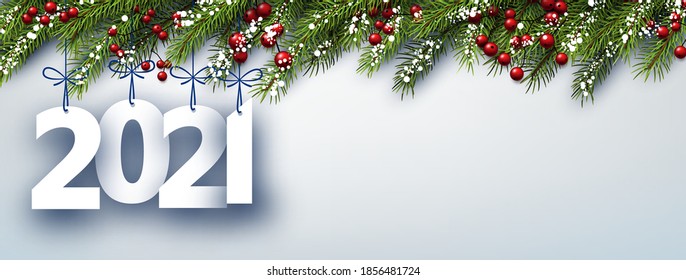 2021 paper sign hanging on ribbons on light grey background. Spruce branches with red berries. Vector holiday illustration.