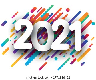 2021 paper sign on multicolored striped confetti background. Vector holiday illustration.