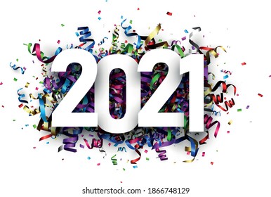 2021 paper sign on multicolored serpentine confetti background. Vector holiday illustration.