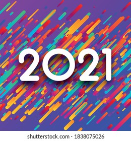 2021 paper sign over multicolored striped confetti on violet background. Vector holiday illustration.