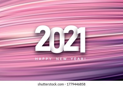 2021 paper sign over pink gradient brush strokes background. Happy new year sign under it. Vector holiday illustration.