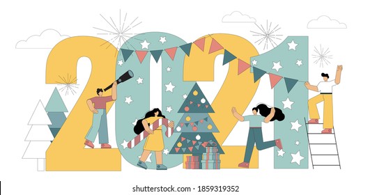 2021. People are preparing for Christmas, New Year. Vector flat illustration isolated on white background.
