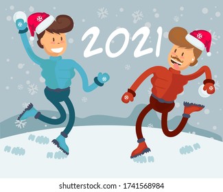 2021 People walking in park. Two Young Men doing winter activities. Snowy landscape panorama. Active characters playing snowballs. Flat vector illustration.