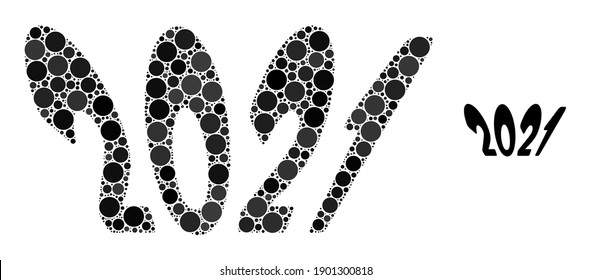 2021 perspective text mosaic of circle elements in different sizes and color tones. Vector circle elements are composed into 2021 perspective text mosaic.