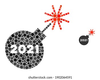 Mosaico petardo 2021 de píxeles redondos en varios tamaños y colores. Los elementos redondos vectoriales se organizan en mosaico petardo 2021. 2021 petardo aislado en un fondo blanco.