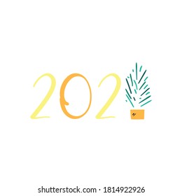 2021 with pine tree flat style icon design, Happy new year welcome celebrate and greeting theme Vector illustration