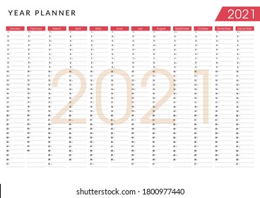 2021 Pink Wall Yearly Planner. Calendar Design Template. Horizontal Annual Worldwide Printable Wall Planner With Space For Personal Notes. - Vector