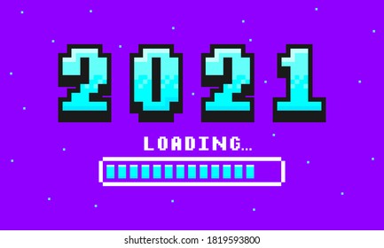 2021 pixel art banner for New Year. 2021 numbers in 8-bit retro games style and loading bar. Pixelated happy New Year and Merry Christmas holiday card or banner. Vector.