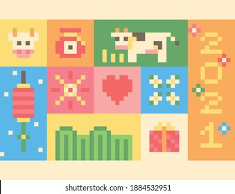 2021 Pixel Concept Poster. Cow character and gift traditional lantern icon. flat design style minimal vector illustration.