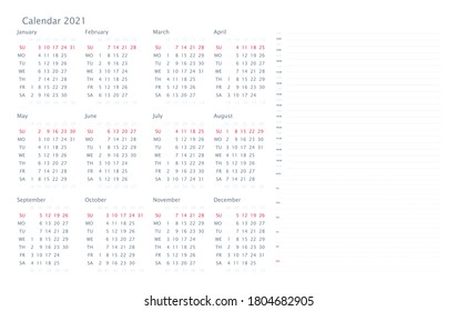 2021 Planner Calendar and Notes. Week starts on Sunday. Vector template.